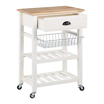 OSP Home Furnishings Hampton Kitchen Cart with Wood Top, Utensil Drawer, Under Cabinet Basket, and 2 Slatted Shelves, White Base