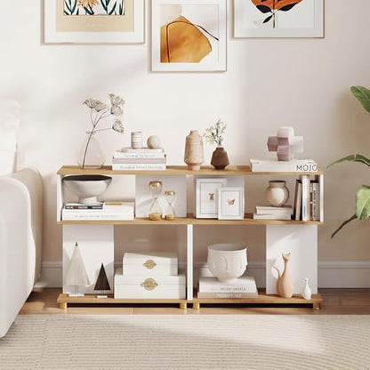 GOFLAME 3-Tier Geometric Bookcase, S-Shaped Bookshelf with 2 Open Back Compartments, Modern Display Rack, Narrow Compact Side End Table Nightstand for Living Room, Home Office (1,White & Natural) - color: White & Natural