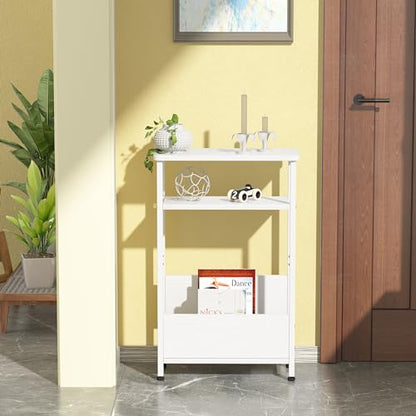 THUMEYE 7.1" Narrow Side Table for Small Spaces, 3 Tier Small End Table with Magazine Holder, Slim/Skinny Nightstand/Bedside Table for Living Room, Bedroom, 15.4" L x 24.2" H, White - color: White