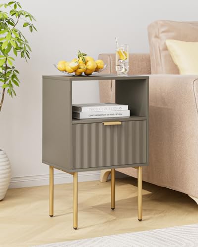 Nightstand,Modern Bedside Table with Gold Frame,Grey Night Stand,Bedside Furniture, Modern Side Table with Drawer and Shelf for Bedroom,Living Room (Grey) - color: Grey