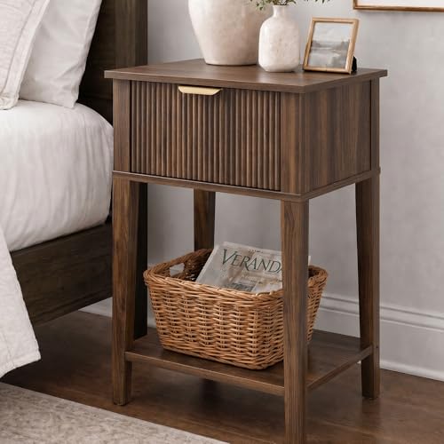 Dark Walnut 15" Wide Small Nightstand with Drawer, Open Shelf, Fluted | Deep wood tone, ribbed fluted front, 11.8-inch slim depth, concealed storage, styled for bedside, sofa side, or chair side - color: Dark Walnut Fluted, size: 1 Pack