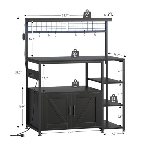 TVU Bakers Rack with Power Outlet and LED Light, Microwave Stand with Storage Cabinet, Coffee Bar Cabinet Station with 6 Hooks for Kitchen, Dining Room, Living Room, Coffee Bar, Black - color: Black