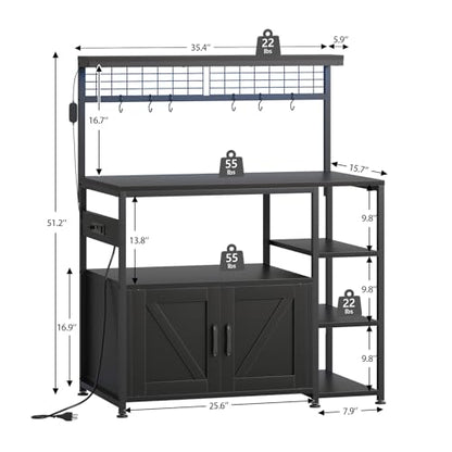 TVU Bakers Rack with Power Outlet and LED Light, Microwave Stand with Storage Cabinet, Coffee Bar Cabinet Station with 6 Hooks for Kitchen, Dining Room, Living Room, Coffee Bar, Black - color: Black