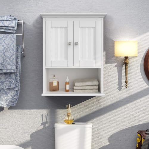 Treocho Wood Wall Cabinet, Bathroom Medicine Cabinet Storage with Doors and Adjustable Shelf, Rustic Cabinet Wall Mounted for Bathroom, Livingroom, Kitchen, Cupboard, White - color: White