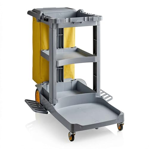 44” x 18” x 38” Grey 3-Shelf Janitorial Cart Kit - Commercial Housekeeping Cart with Yellow Bag, Black Zippered Bag, Lid, Folding Handle for Hotels, Offices, Schools - 175 lb Capacity - size: Small (Grey)