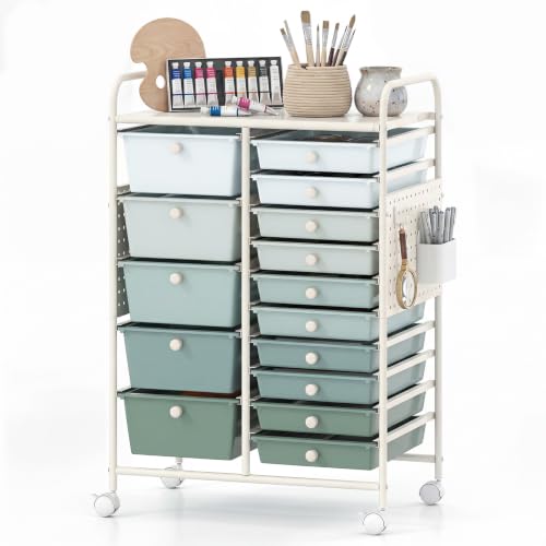 DREAMADE 15 Drawer Rolling Storage Cart, Mobile Craft Storage Organizer with Metal Pegboard Panels, Tabletop & Lockable Wheels, Utility Cart for Classroom, Office, Studio, Playroom (Gradient Green) - color: Gradient Green, size: With Pegboard - 25" x 14.5