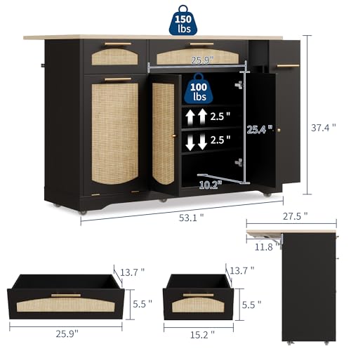 IDEALHOUSE 53.1" Rattan Kitchen Island with Storage, Rolling Dining Cart with Trash Storage Cabinet, Mobile Island Cart with Drop Leaf, Adjustable Shelves, Drawer, 5 Wheels (Black) - color: Black
