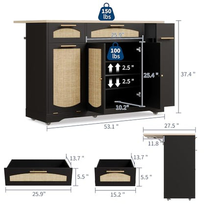 IDEALHOUSE 53.1" Rattan Kitchen Island with Storage, Rolling Dining Cart with Trash Storage Cabinet, Mobile Island Cart with Drop Leaf, Adjustable Shelves, Drawer, 5 Wheels (Black) - color: Black