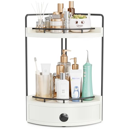 2-Tier Corner Bathroom Counter Organizer with Drawer, White | Embedded Screw Holes, Wooden Countertop Organizers, Space-Saving, Bottom Ventilation Design, Counter Shelf for Vanity - color: White
