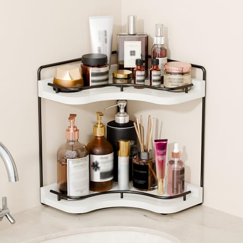 2-Tier Corner Bathroom Counter Organizers, Stable Wood Vanity Shelf for Perfume, Skincare & Makeup, Larger Size Countertop Organizer and Storage for Bathroom, Kitchen and Dresser(White) - color: White
