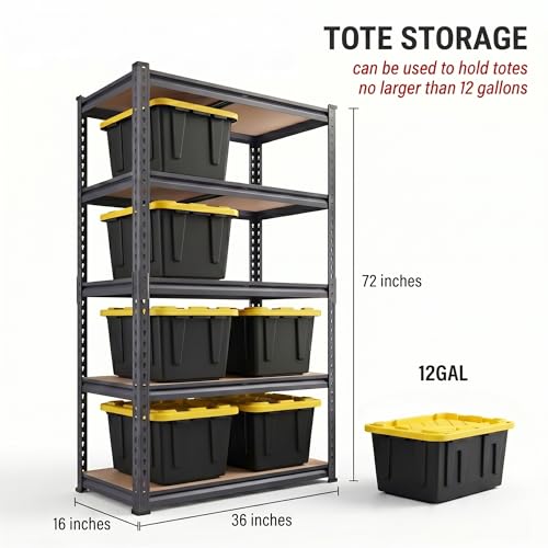 Shelving Unit, 2850LBS Heavy Duty Metal Shelves for Storage, 5-Tier Adjustable Boltless Storage Rack for Kitchen Garage Warehouse Pantry, 36" Wx16 Dx72 H, Black
