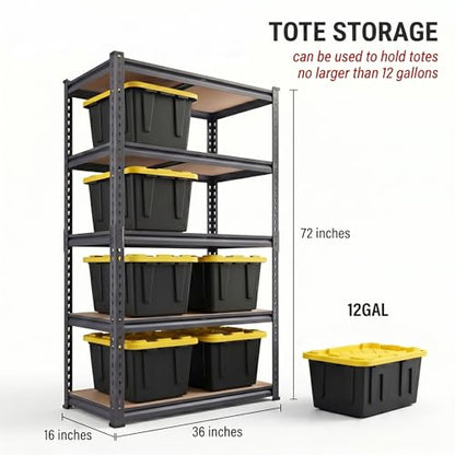 Shelving Unit, 2850LBS Heavy Duty Metal Shelves for Storage, 5-Tier Adjustable Boltless Storage Rack for Kitchen Garage Warehouse Pantry, 36" Wx16 Dx72 H, Black