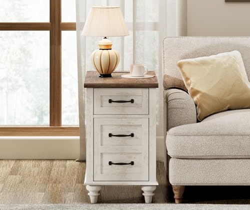 WAMPAT Antique White End Table with Charging Station, Wooden Side Table with Drawer & Storage Cabinet, Farmhouse Nightstand with Power Outlets & USB Ports for Living Room, Bedroom - color: Antique White