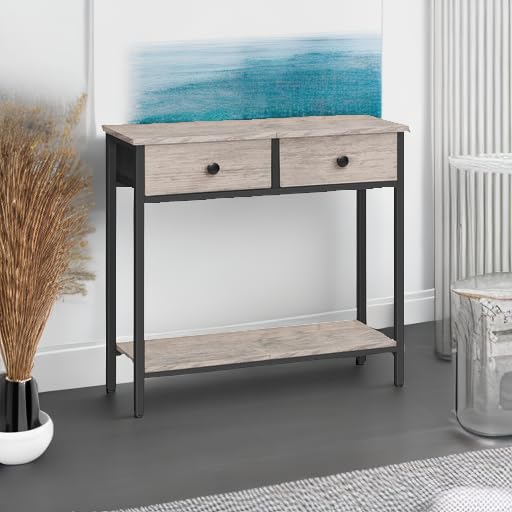 HOOBRO 29.5" Narrow Console Table with 2 Fabric Drawers, Small Entryway Table with 2-Tier Storage Shelves, Sofa Table, Behind Couch Table, for Living Room, Hallway, Greige and Black BG71XG01 - color: Greige and Black