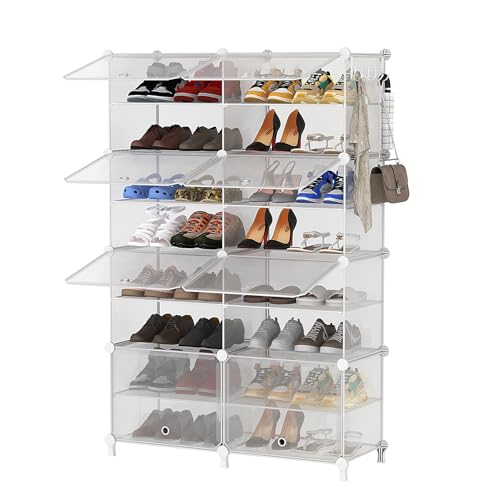AWTATOS 8 Tiers Shoe Rack Organizer, 32 Pair Shoe Storage Cabinet, Clear | DIY Stackbale Plastic Shoe Organizer Shelves for Closet Entryway Hallway Bedroom - color: Translucent Twill, size: 8 Cube