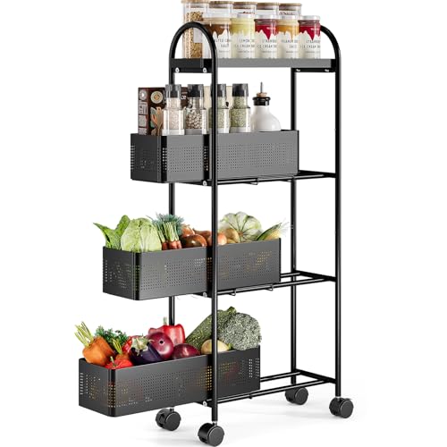 KINGRACK 4-Tier Slim Storage Cart with 3 Pull Out Basket, Rolling Bathroom Organizer Utility, Metal Shelving Unit Slide Out, Lockable Wheels, Easy Assembly for Narrow Place, Kitchen, Office, Black - color: Black, size: 4 Tier-3BKT