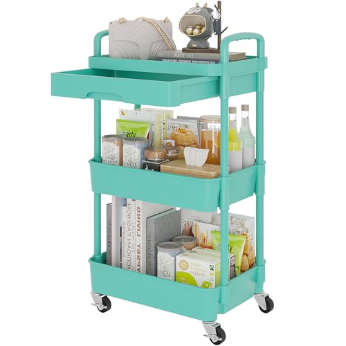 Calmootey 3-Tier Rolling Utility Cart with Drawer,Multifunctional Storage Organizer with Plastic Shelf & Metal Wheel,Storage Cart for Kitchen,Bathroom,Living Room,Office,Green | Space-Saving Organizer, Sturdy Plastic Shelves, Smooth-Rolling Metal Wheels,
