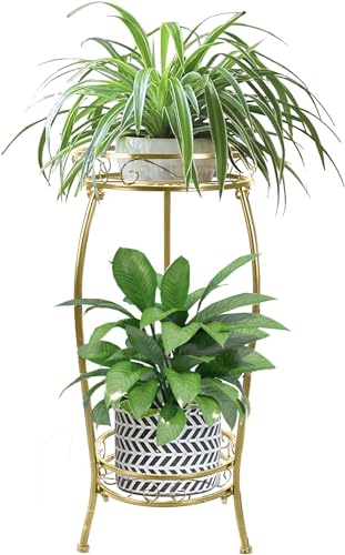 MOCORY Plant Stand Indoor Outdoor 2 Tier 27" Tall Metal Potted Holder Rack Flower Pot Stand Heavy Duty Plant Shelf Rustproof Iron Multiple Plant Round Supports Rack for Planter Corner Garden Balcony - color: Gold