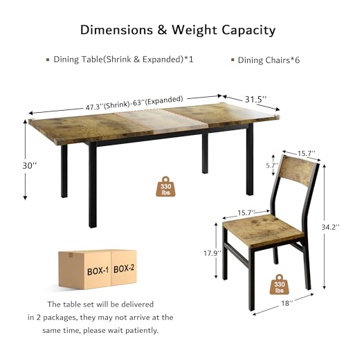 iPormis 7-Piece Dining Table & Chairs Set for 4-6, 63" Extendable Kitchen Table with 6 Chairs, Dining Room Table with MDF Board & Metal Frame, Perfect for Small Space,Easy Assembly, Rustic Brown - color: Rustic Brown