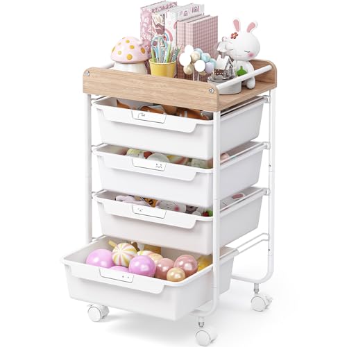 SYKIARIOL Rolling Storage Utility Cart with 4 Drawers,Kids Craft Art Cart,Makeup Organizer and Storage with Wooden Tabletop,White - color: White, size: 4-Drawers