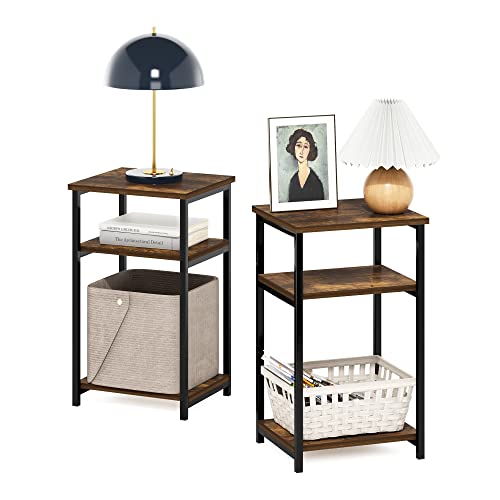 Furinno Just 3-Tier Metal Frame End Table with Storage Shelves, 2-Pack, Amber Pine - color: Amber Pine, size: 2-Pack, Metal Frame, 3-Tier
