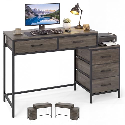 Giantex Reversible Computer Desk with 5 Drawers, Home Office Desk with Printer Stand, Corner Study Writing Table for Small Spaces, Workstation for Bedroom, PC Vanity Desk with Storage (Oak) - color: Oak