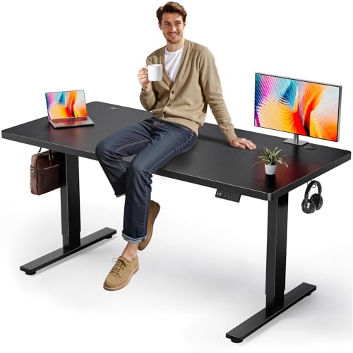 Electric Standing Desk Adjustable - 63x30 Inch Sit Stand Desk with 1 Inch Thick Tabletop, Double Beam Frame, 3 Memory Height Adjustment, Cable Management for Home Office - color: Black Top / Black Frame, size: 63 x 30 Inch