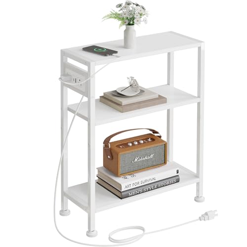 End Table with Charging Station, 3-Tier Side Table for Small Space, Skinny Nightstand with USB/Type C Port and 2 Outlets, Slim Sofa Beside Table for Living Room, Bedroom and Balcony, White - color: White