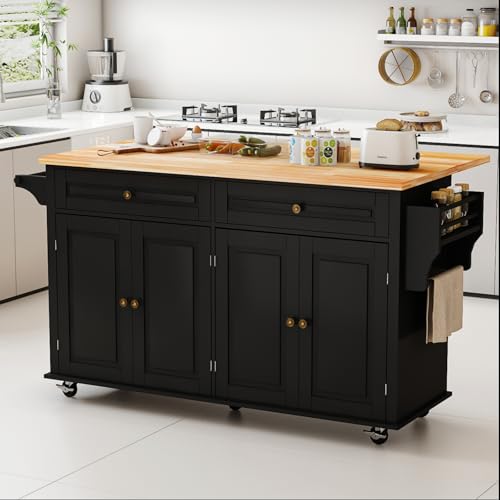 Kitchen Island Cart with Wood Top and Drop Leaf, Rolling Kitchen Island Table on Wheels with Drawer, Storage Cabinet, Spice Rack and Towel Rack for Dining Room, Black - size: 67.1" W, style: Black