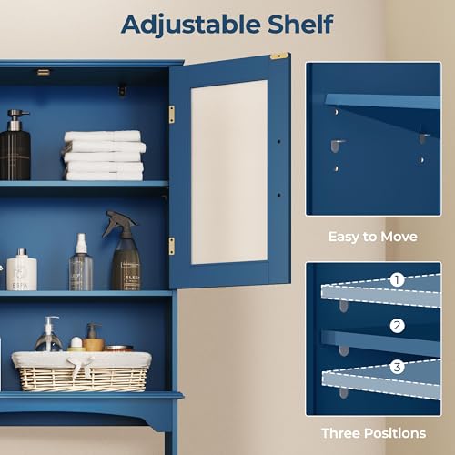 Yaheetech Over The Toilet Storage Cabinet, Free Standing Toilet Rack with Adjustable Shelves and Tempered Glass Doors for Bathroom Washroom, Navy Blue - color: Navy Blue
