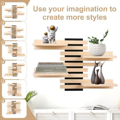 4-Tier Adjustable Wooden Floating Shelf Space-Saving Wall Mounted Shelf with Multiple Customizable Layouts Display Rack for Figurines Doll Small Plant Statue Wall Organizer for Living Room Bedroom