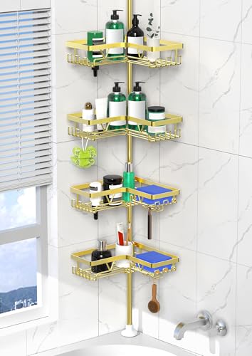 DAOYA Shower Caddy Tension Pole, Gold Corner Shower Caddy Organizer 4 Tier | WIth 28 Hook/2 Soap Dish/ 2 Razor Holder, Rustproof, For Bathtub/Bathroom, Floor to Ceiling 25-114 Inch, Simple Install - color: Gold