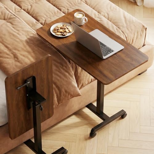 GTPLAYER Small Standing Desk, 24 Inches Foldable Mobile Rolling Laptop PC Table with Lockable Casters, Adjustable Height Overbed Bedside Table Computer Workstation for Home Office, Dark Brown-Foldable - color: Dark Brown-foldable