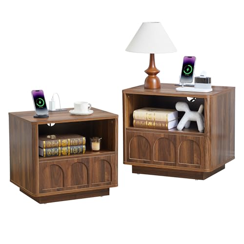Small Nightstand Set of 2 with Charging Station, Accent Bedside Nightstand with Drawer, Mid Century Modern Bedroom Side Bed Table with Storage for Dorm, Living Room, Couch, Office - Walnut - color: Walnut