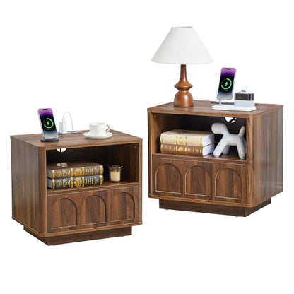 Small Nightstand Set of 2 with Charging Station, Accent Bedside Nightstand with Drawer, Mid Century Modern Bedroom Side Bed Table with Storage for Dorm, Living Room, Couch, Office - Walnut - color: Walnut