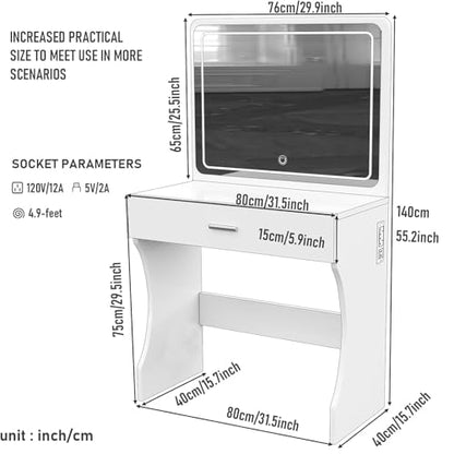 Vanity Desk, Makeup Vanity with LED Light Mirror, Small White Vanity with a Super Large Drawer and Power Outlet, 3 Color Lighting Modes Makeup Table for Bedroom, Dressing Room (White1) - color: White1