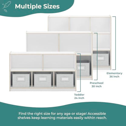 Guidecraft EdQ 5 Compartment Storage 24'' White with 3 Fabric Bins: Wooden Multi-Purpose Bookcase and Toy Organizers and Storage; Homeschool and Classroom Furniture - color: White