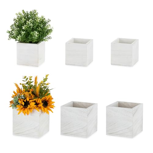 NUPTIO Wooden Box for Centerpiece Wedding: 6 Pcs Rustic Square Planter Box Farmhouse Table Fall Decor - 4×4" & 5×5" Whitewashed Small Wood Vases Flower Pots for Windowsill Home Garden - color: Whitewashed