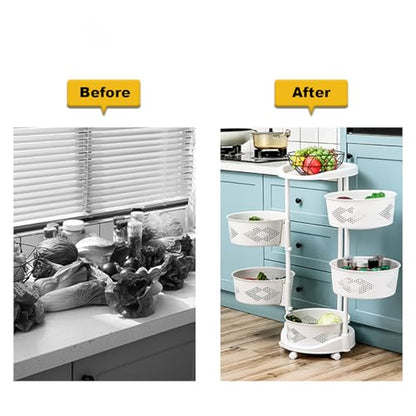 4-Tier Adjustable Kitchen Storage Rack,4 Layer Rotating Vegetable Organizer with Lockable Casters,Multi-Layers Rotatable Baskets for Kitchen Bathroom Living Room,White - size: 4-Tier