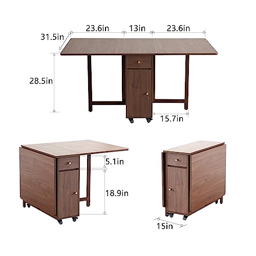 Drop Leaf Folding Dining Table with Storage, Wheels, Space Saving | Foldable Design, 18mm Thick Plywood, 300lbs Capacity, Locking Wheels, Farmhouse, for Living Room Kitchen Small Spaces, Walnut - color: Walnut