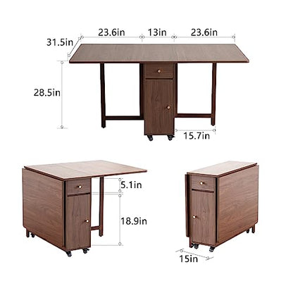 Drop Leaf Folding Dining Table with Storage, Wheels, Space Saving | Foldable Design, 18mm Thick Plywood, 300lbs Capacity, Locking Wheels, Farmhouse, for Living Room Kitchen Small Spaces, Walnut - color: Walnut