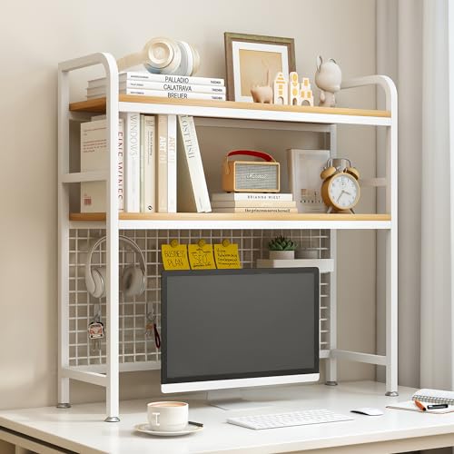 IOTXY 2-Tier Desktop Hutch Bookshelf - Metal Desk Shelf Bookcase with Grid Panel, Countertop Storage Organizer Rack for Dorm or Office, White, 37.4" W - color: White, size: 37.4"W