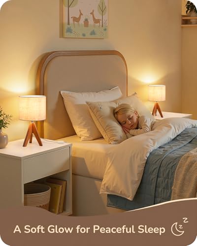 EDISHINE Tripod Table Lamp, Small Cute Bedside Lamp with Linen Beige Lampshade, Nightstand Lamp for Nursery, Bedroom, Kid Room, Living Room, Light Brown Wooden Base, E26 Socket, 14.2 Inch - color: Light Brown