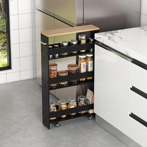 SlickBlue Rolling Serving Cart Narrow with Open Shelves for Kitchen Bathroom Living Room - color: Black