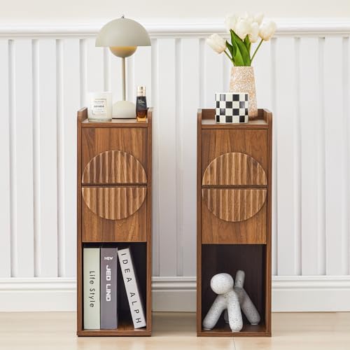 Narrow Nightstands Set of 2 for Bedroom, Mid Century Modern Wooden Bedside with 2 Drawers, Fluted Skinny End Table, 8 Inch Wide Slim Side Tables for Small Spaces - color: Walnut X40