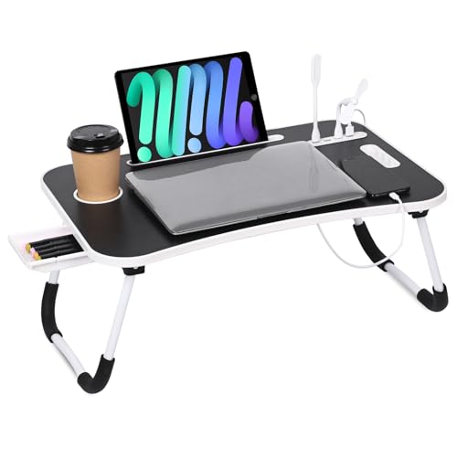 23.6 inch Portable Bed Desk, Folding Lap Desk with 4 USB Ports, Wind Fan, LED Light, Cup Holder and Side Drawer for Working, Reading, Writing, Eating on Bed, Sofa, Floor (Black) - color: Black