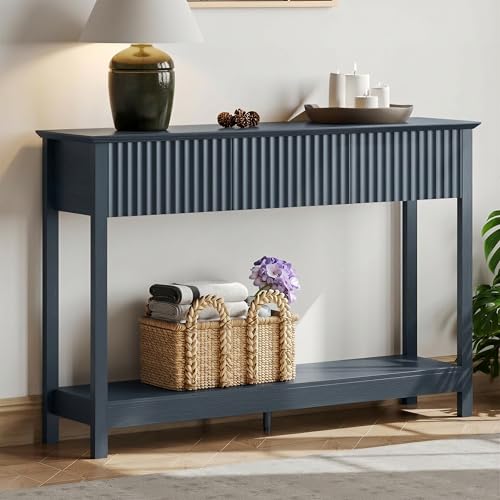 Treocho 47" Fluted Console Table with 3 Drawers and Storage Shelf | Narrow Long Entryway Table,Behind Couch Accent Tables, Entrance Foyer, Hallway, Living Room, Blue - color: Blue