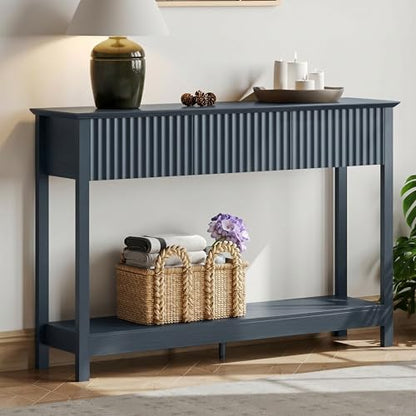 Treocho 47" Fluted Console Table with 3 Drawers and Storage Shelf | Narrow Long Entryway Table,Behind Couch Accent Tables, Entrance Foyer, Hallway, Living Room, Blue - color: Blue