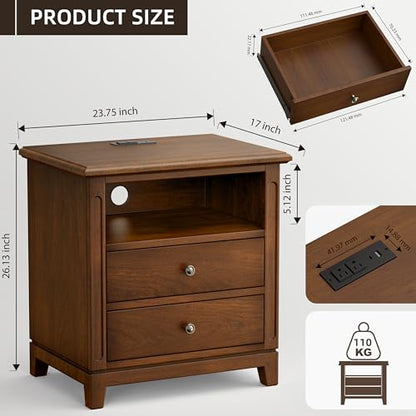 Farmhouse Nightstand with Charging Station, Solid Wood End Table with 2 Large Drawers & Open Shelf, Bedside Table with USB Ports and Outlets, Rustic Wood for Bedroom - color: Walnut