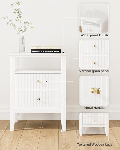 Fluted Nightstand, Farmhouse Night Stand with 2 Drawers, Mid Century Modern Side Accent Table,Bedside End Table for Bedroom, Living Room, White - color: White, size: 2 Drawers